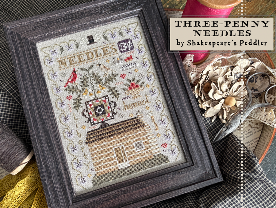 Framed cross-stitch pattern with decorative elements on a checkered fabric background