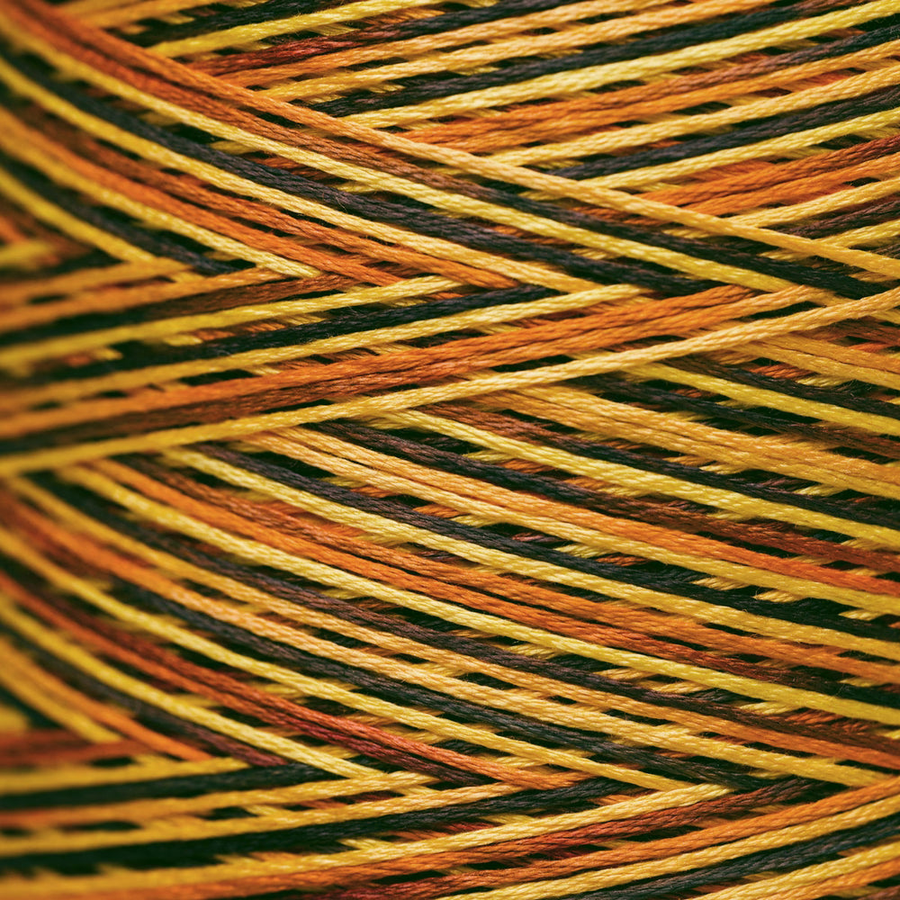 Close-up of variegated embroidery thread wound in a herringbone pattern, showing alternating stripes of orange, yellow, black, and brown.