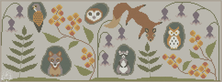 A pixelated woodland pattern featuring foxes, owls, a bird, leaves, and orange berry clusters on a light gray background.