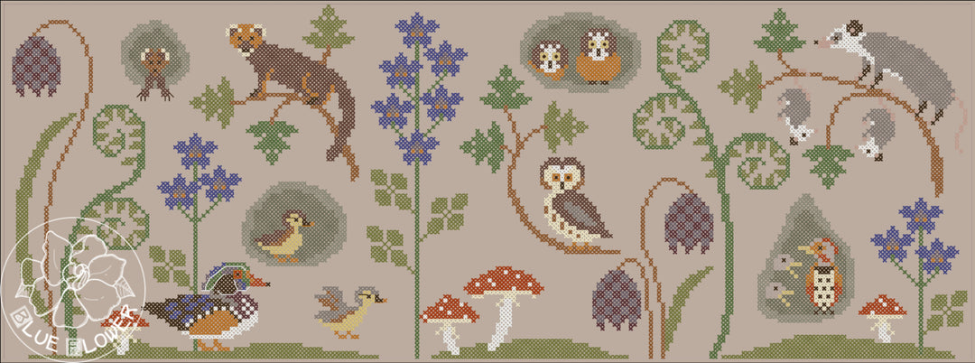 Decorative cross stitch with animals and nature elements on a beige background