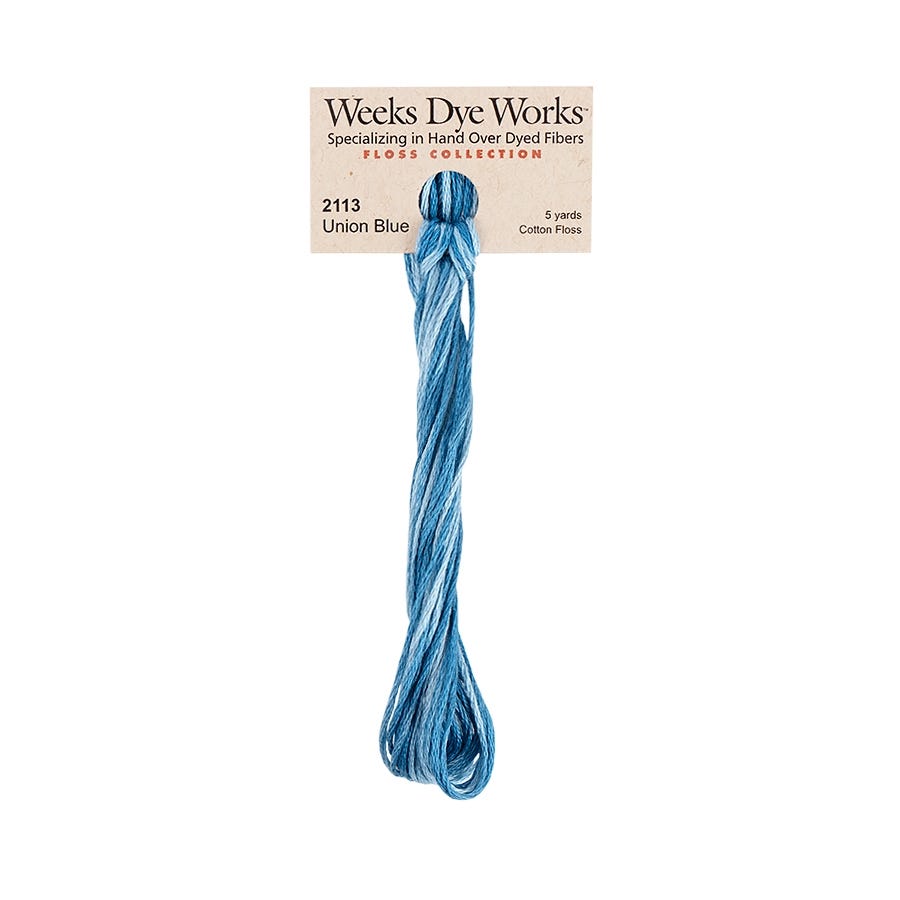 A bundle of Weeks Dye Works Union Blue cotton embroidery floss thread hanging from its cardboard tag shown against a plain white background.