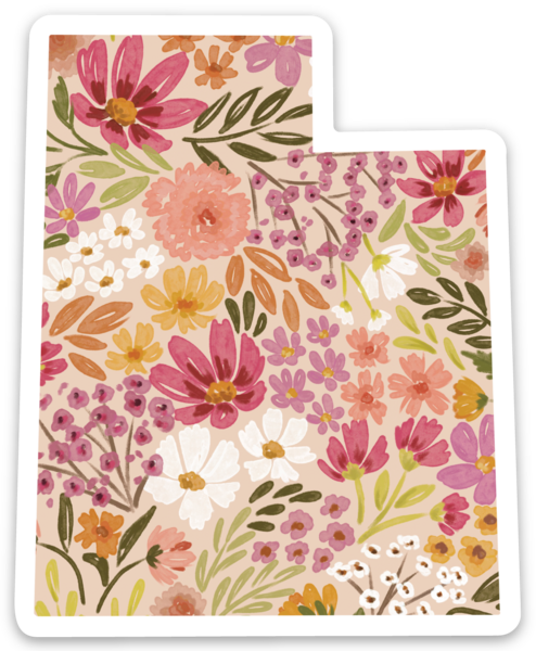 Floral patterned sticker in the shape of Utah with pink, orange, and green flowers on a beige background