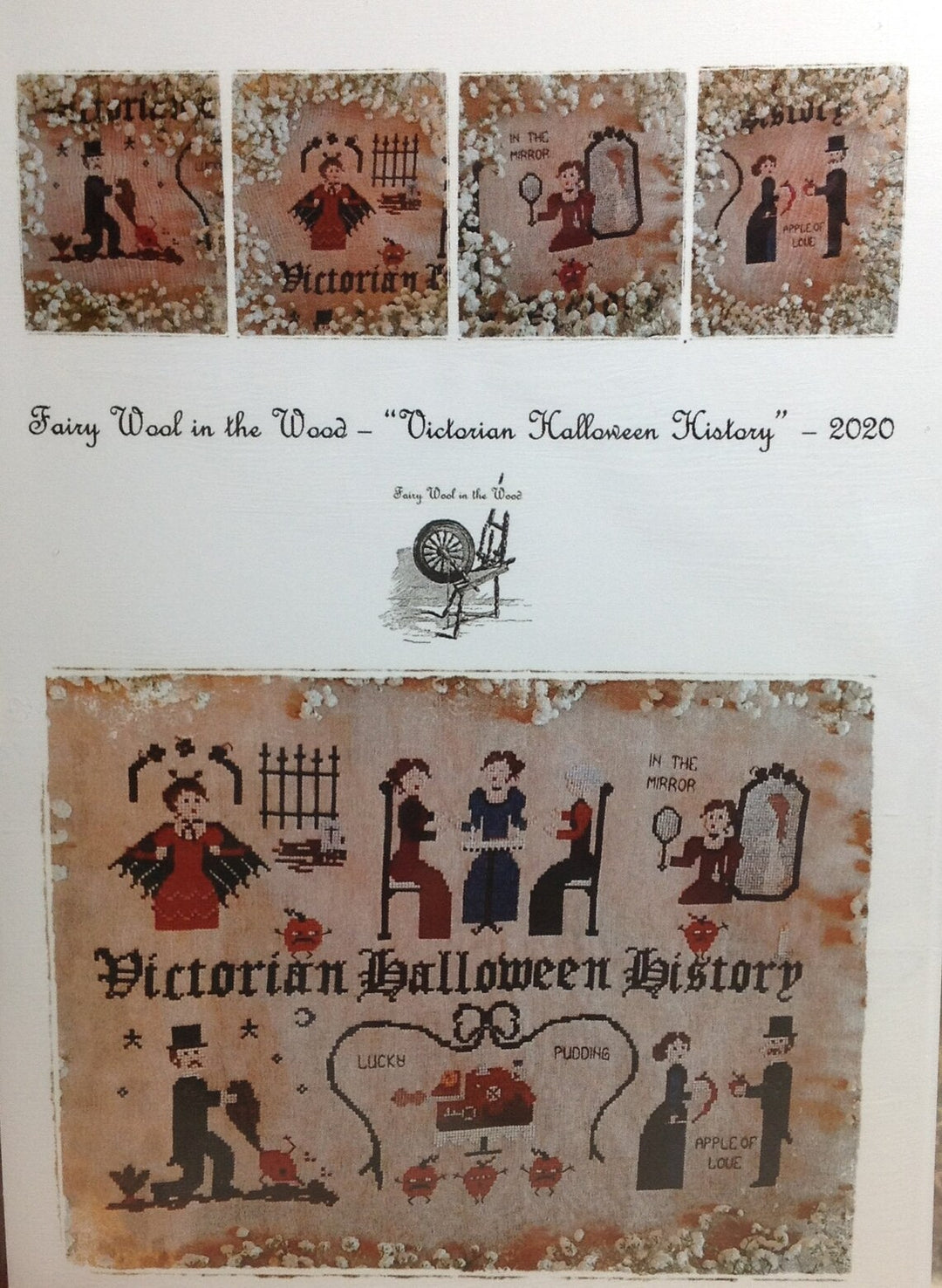 Victorian Halloween history illustrations with text and a spinning wheel illustration.