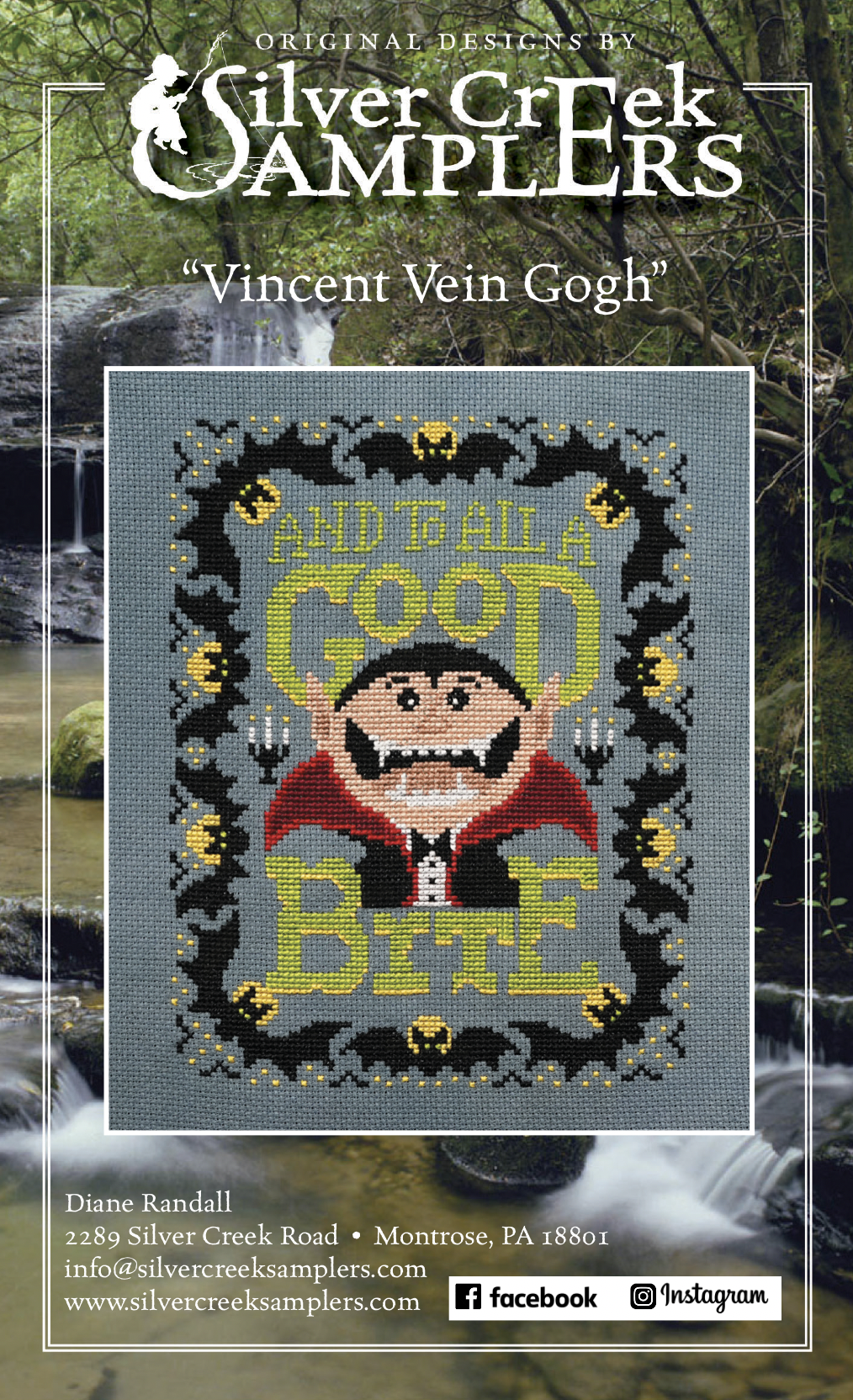 Advertisement for Silver Creek Samplers featuring a cross-stitch design of a vampire with text 'And it's all a good bite'.