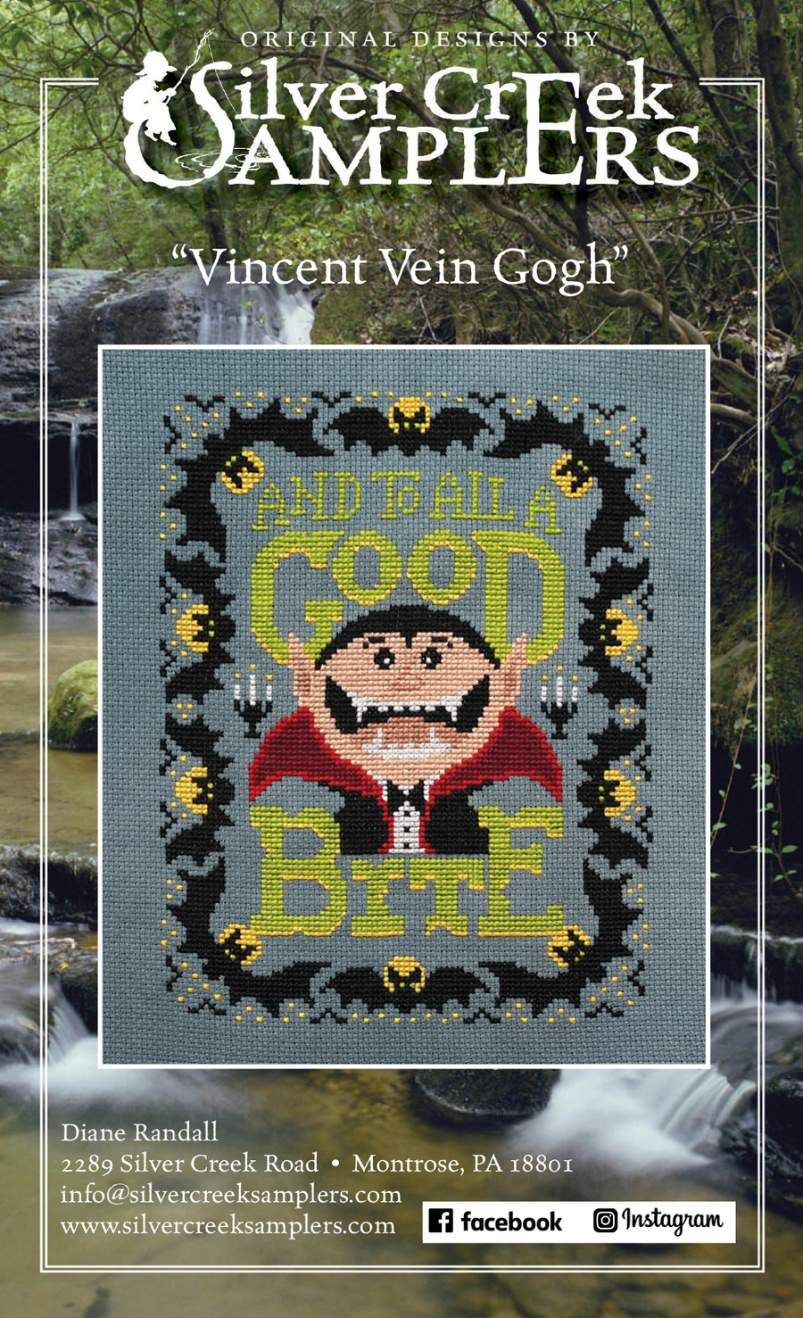 Advertisement for Silver Creek Samplers featuring a cross-stitch design of a vampire with text 'And it's all a good bite'.