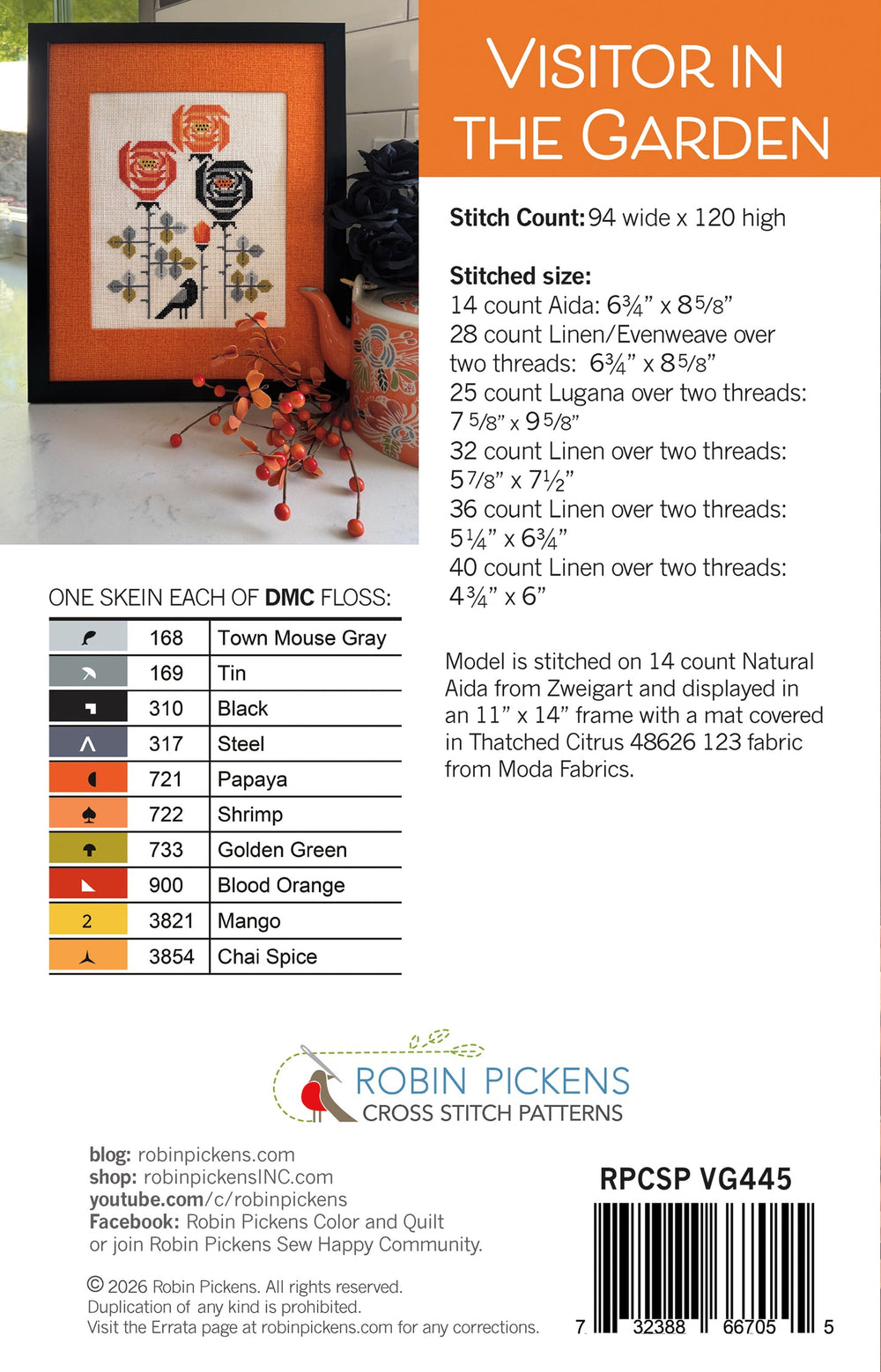Robin Pickens cross stitch pattern book with color chart and design illustration