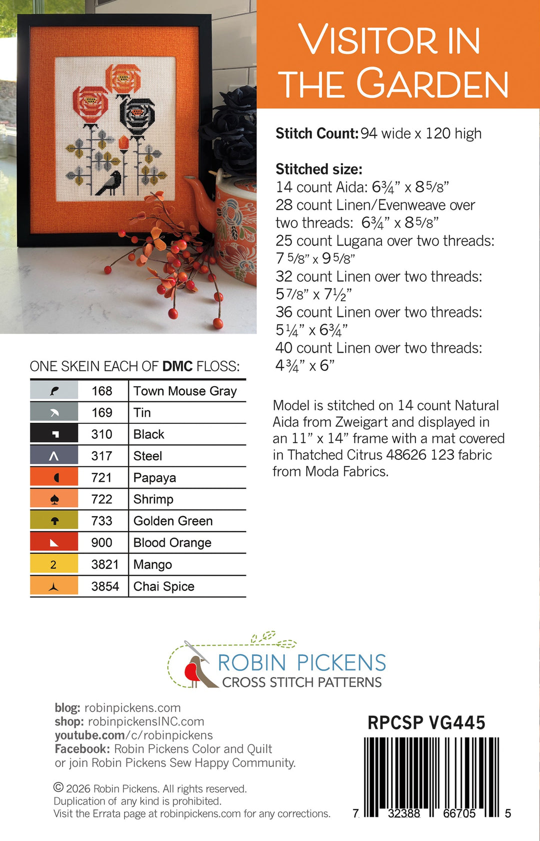 Robin Pickens cross stitch pattern book with color chart and design illustration