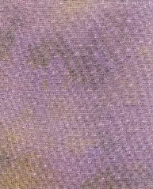 A square canvas painting with a textured, mottled surface in shades of lavender purple, soft gray, and hints of muted yellow.