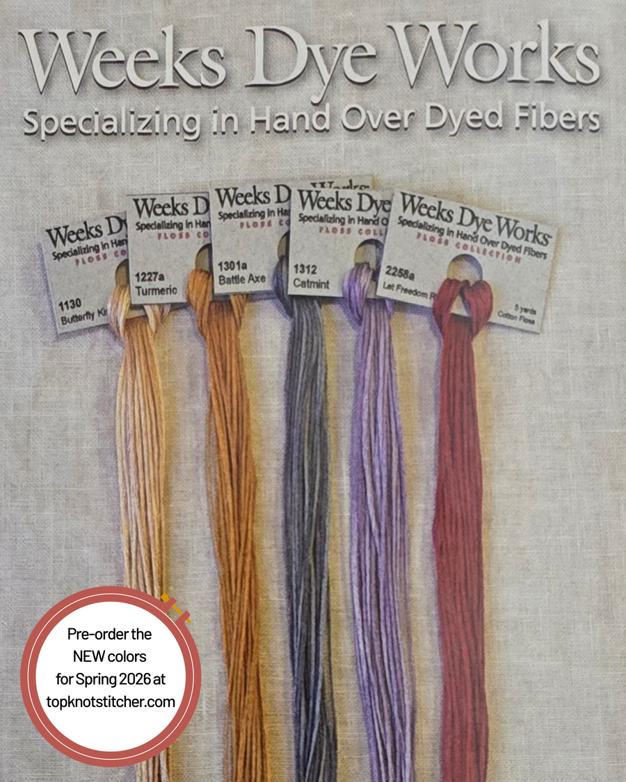 Promotional image of Weeks Dye Works yarn with color swatches and pre-order information.