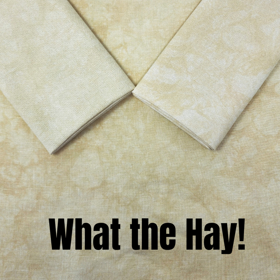 Beige fabric swatches on a textured beige background with 'What the Hay!' text.