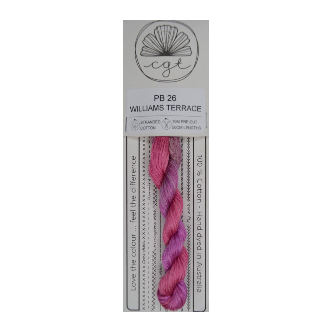 A card stock packaging with a bundle of pink and purple hand-dyed cotton cross stitch and embroidery floss, labeled 'Williams Terrace', 'Cottage Garden Threads', and 'PB 26'.