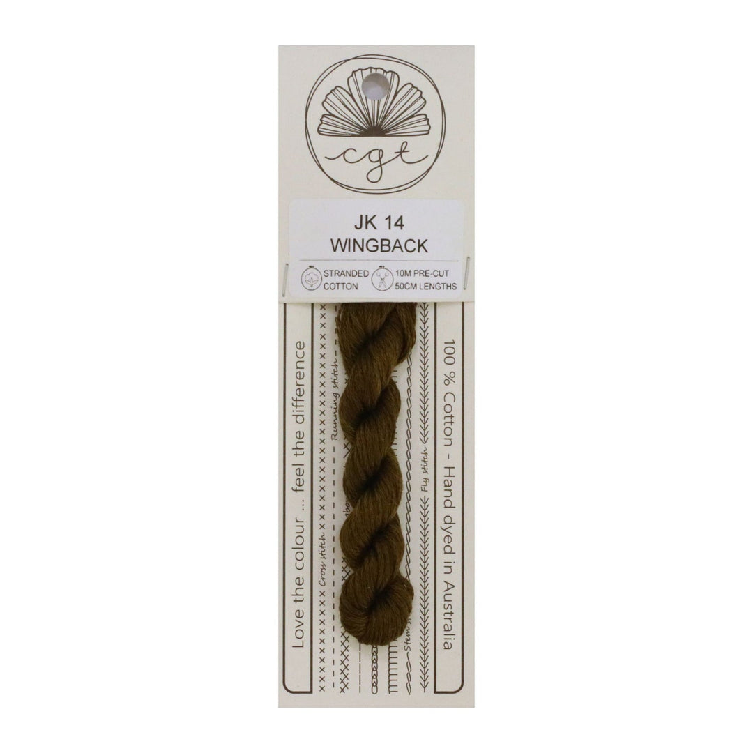 Packaging of Cottage Garden Threads with a visible strand of brown cotton floss and product information.