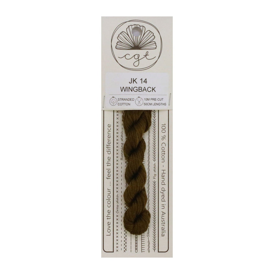 Packaging of Cottage Garden Threads with a visible strand of brown cotton floss and product information.