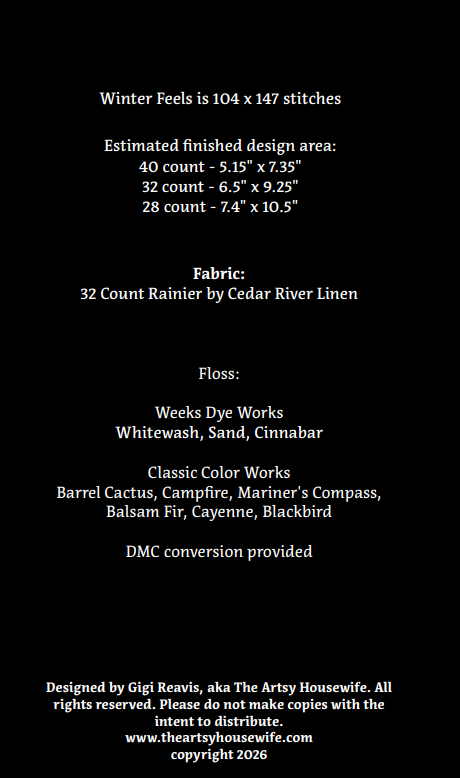 A black information card with white text detailing sewing specifications for 'Winter Feels' fabric, including stitch count, finished design area, fabric type and brand, floss brands, DMC conversion, designer credit, and copyright information.
