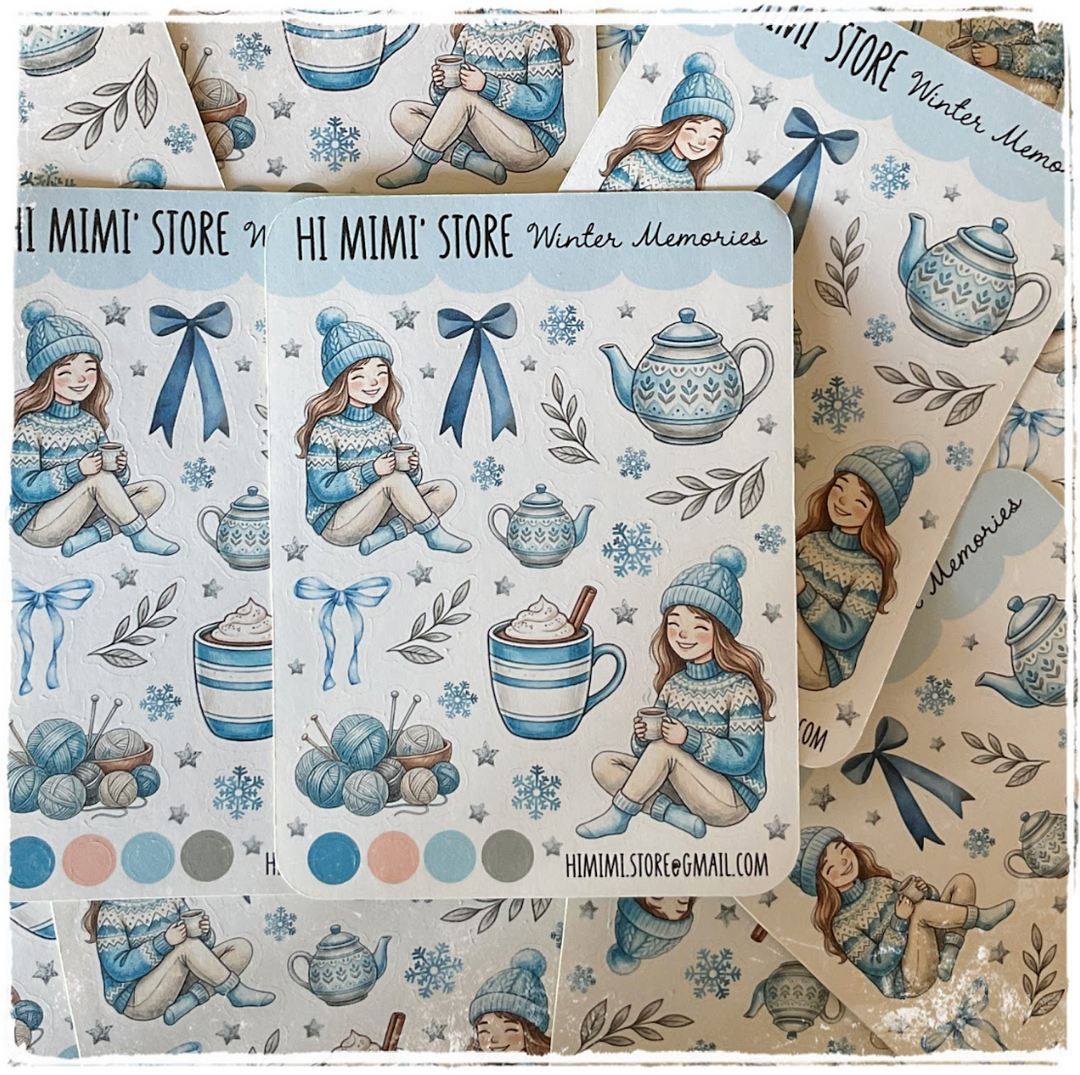 A collage of printed sticker sheets featuring a winter-themed illustration of a girl in a blue knit sweater and beanie, with blue bows, teapots, snowflakes, yarn balls, and the text 'Winter Memories' and 'HI MIMI' STORE'.
