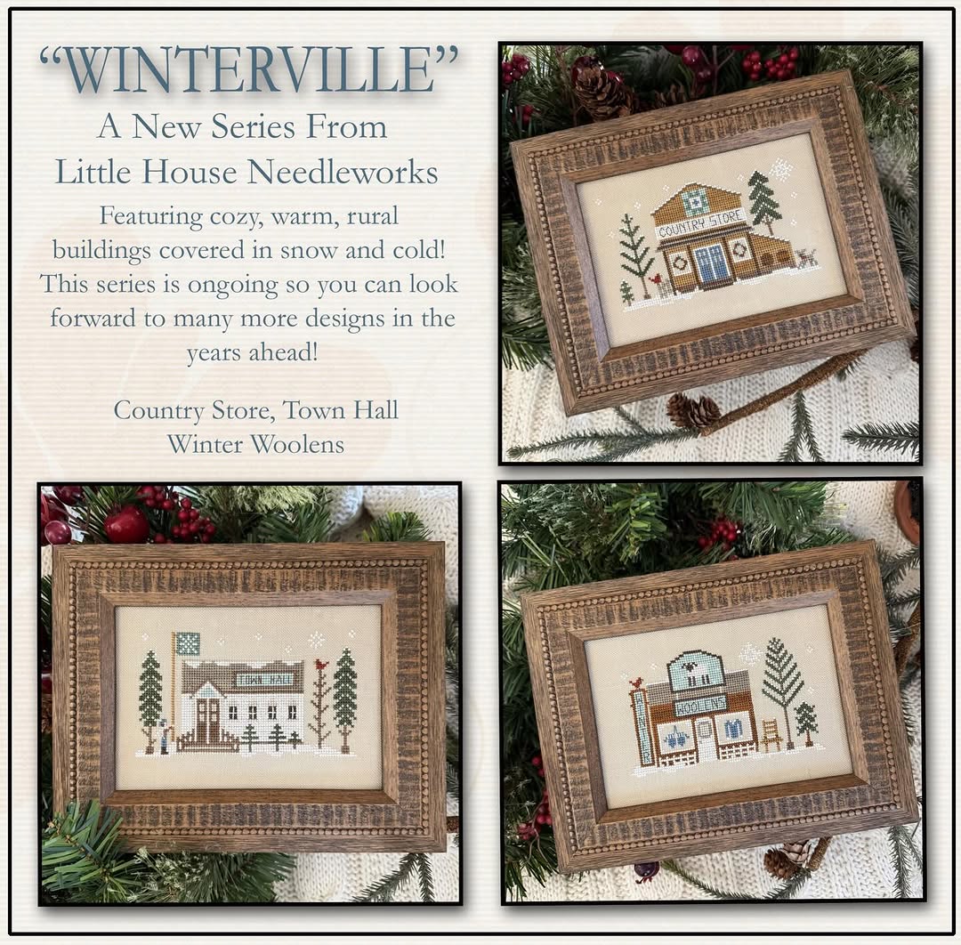 Advertisement for 'Winterville' series from Little House Needleworks with cross-stitched designs of a town scene.