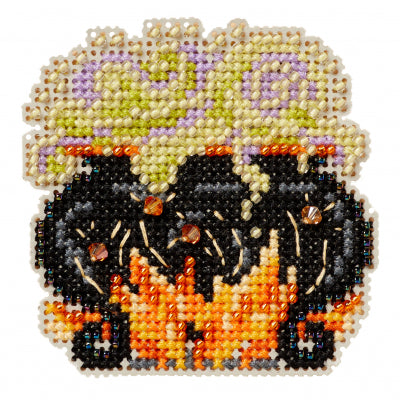 Beaded artwork of a witch's cauldron on a white background