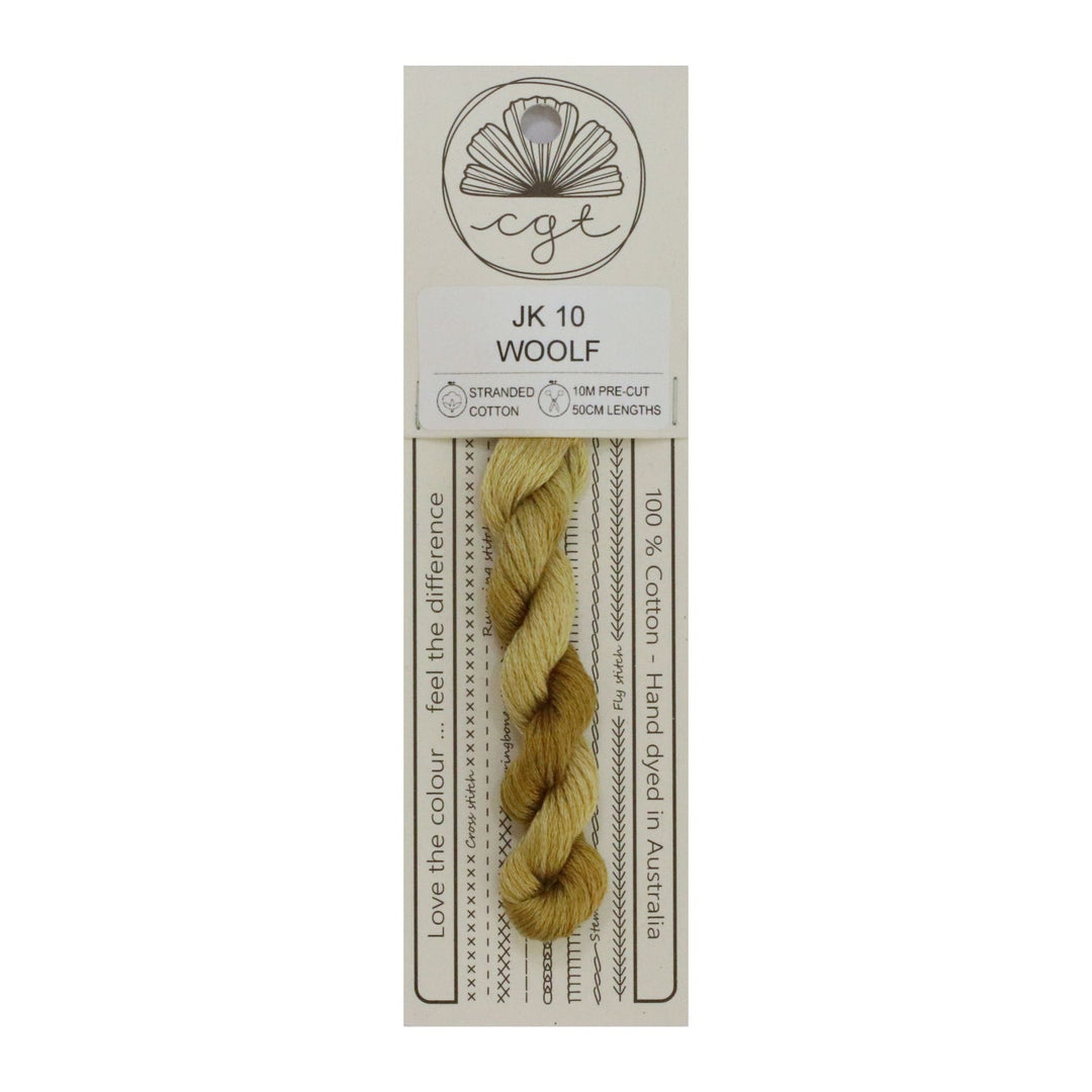 Packaging of Cottage Garden Threads pre-cut 6 Strand Hand-Dyed 100% cotton cross stitch and embroidery floss, displaying the floss and product information.