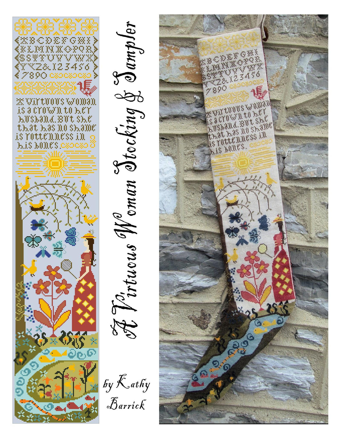 Two cross-stitch samplers with intricate patterns and text, one on a white background and the other on a wooden surface.