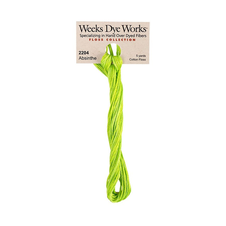 Weeks Dye Works hand-dyed cotton embroidery floss skein in absinthe 2204, a bright lime green 