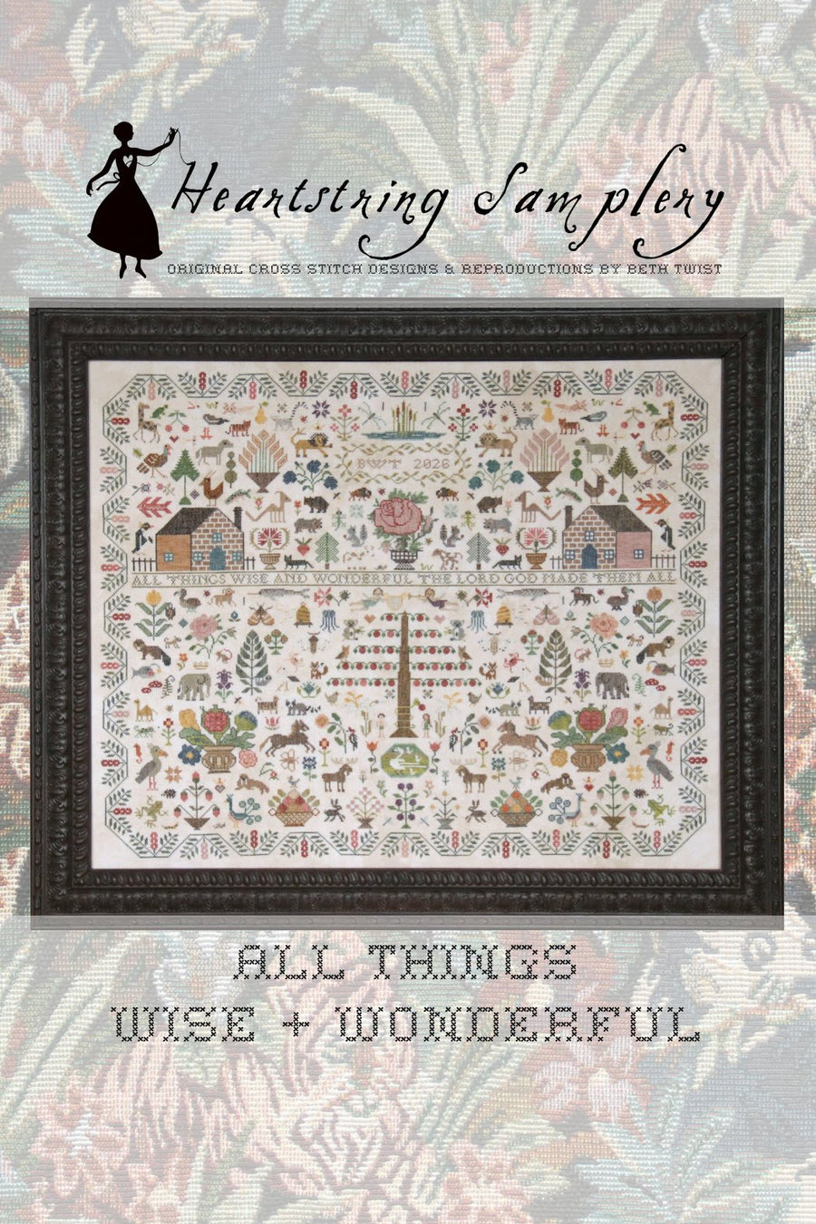 Heartstring Sampleny sampler with decorative border and text on a patterned background