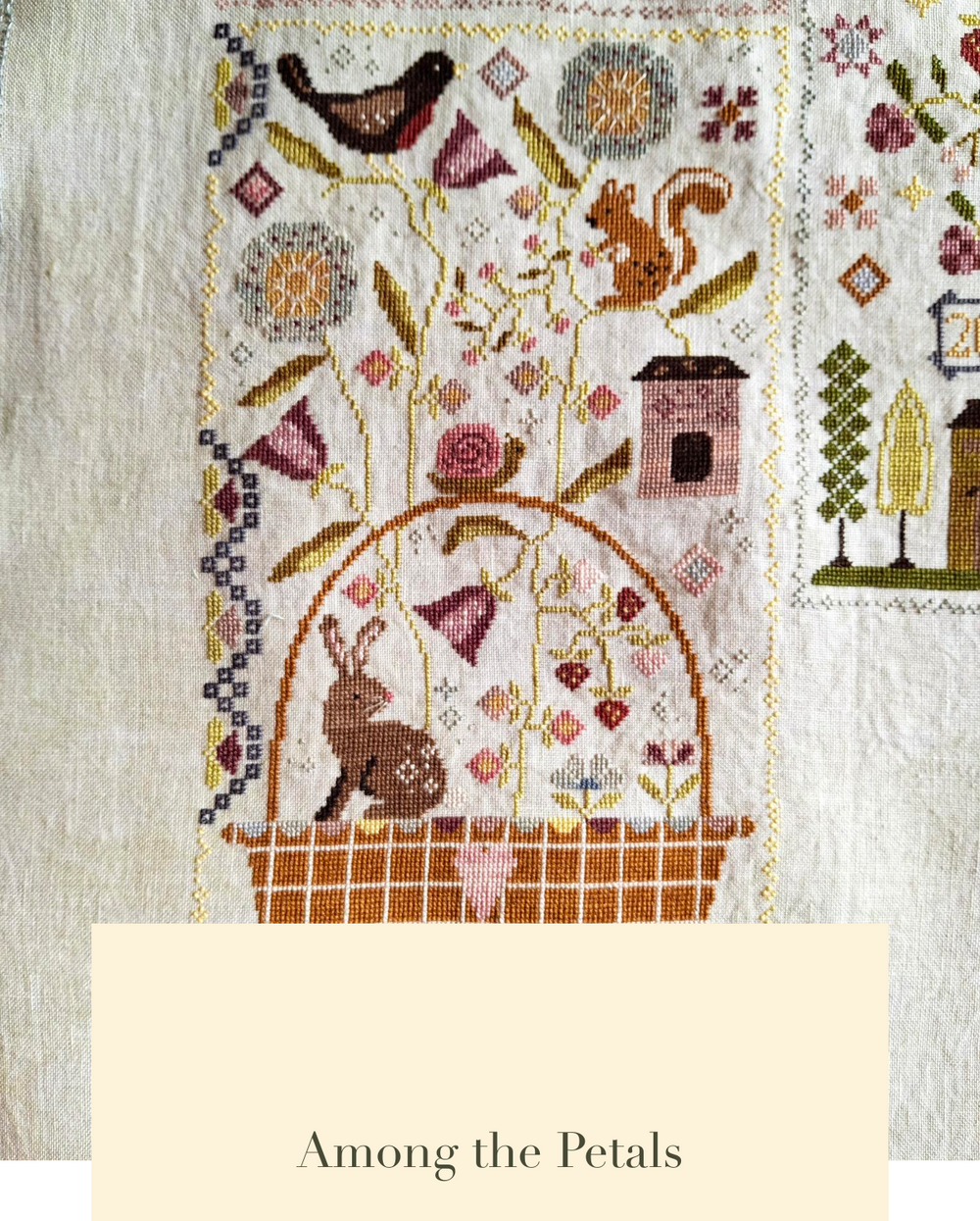 Embroidery pattern with animals and flowers on a textured fabric background, featuring the text 'Among the Petals'.
