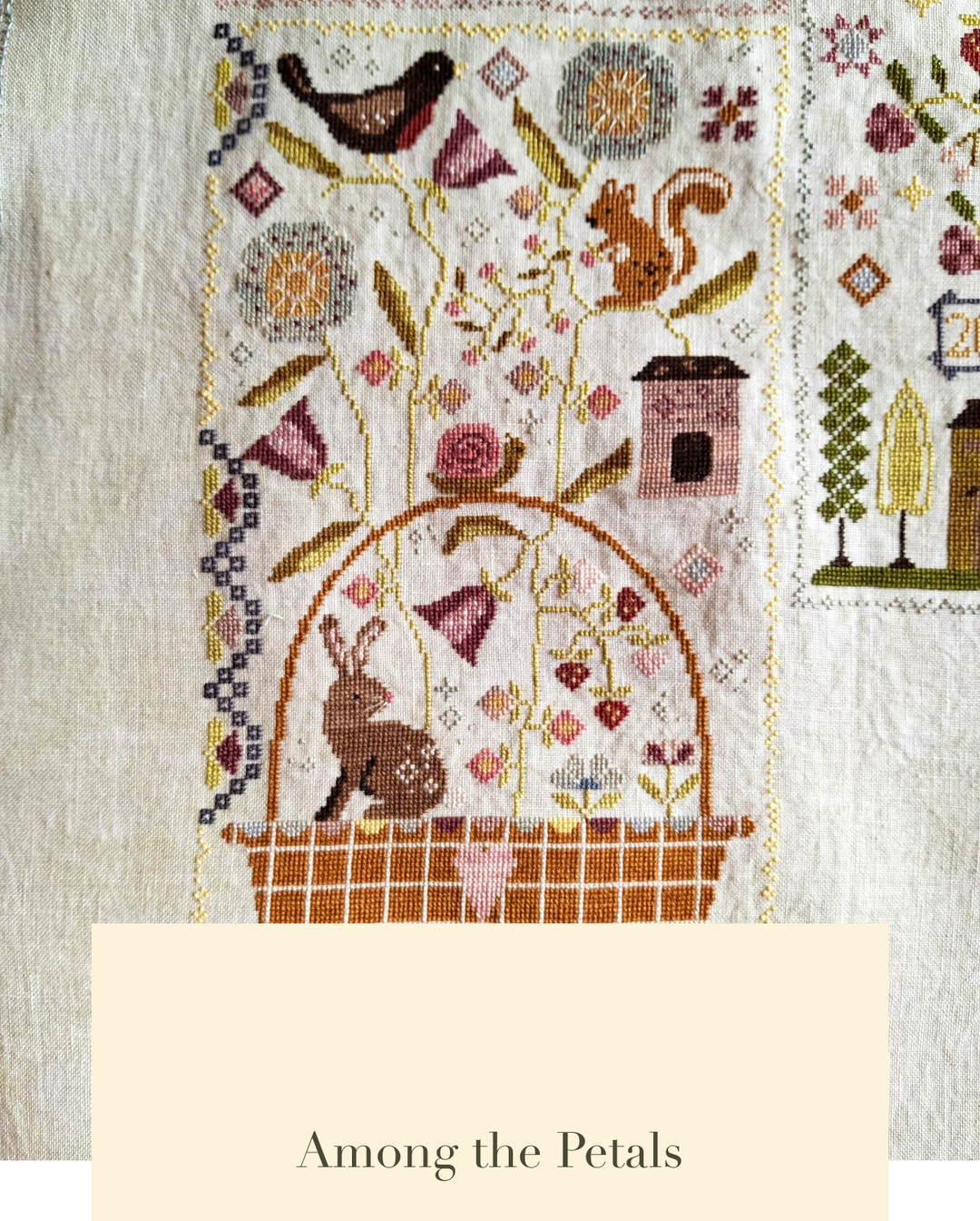 Embroidery pattern with animals and flowers on a textured fabric background, featuring the text 'Among the Petals'.