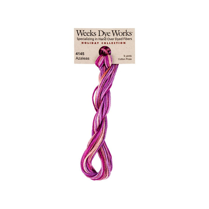 Weeks Dye Works hand-dyed cotton embroidery floss skein in azaleas 4145, a bright purple pink with light orange and pale pink variegation 
