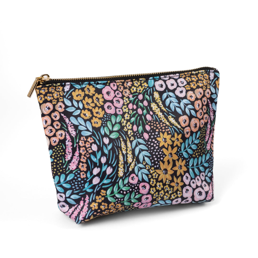 black zipper pouch with floral pattern