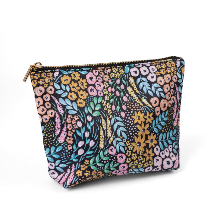 black zipper pouch with floral pattern