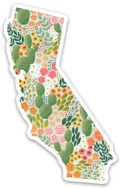 A sticker in the shape of the state of California adorned with a floral pattern featuring cactus blooms.