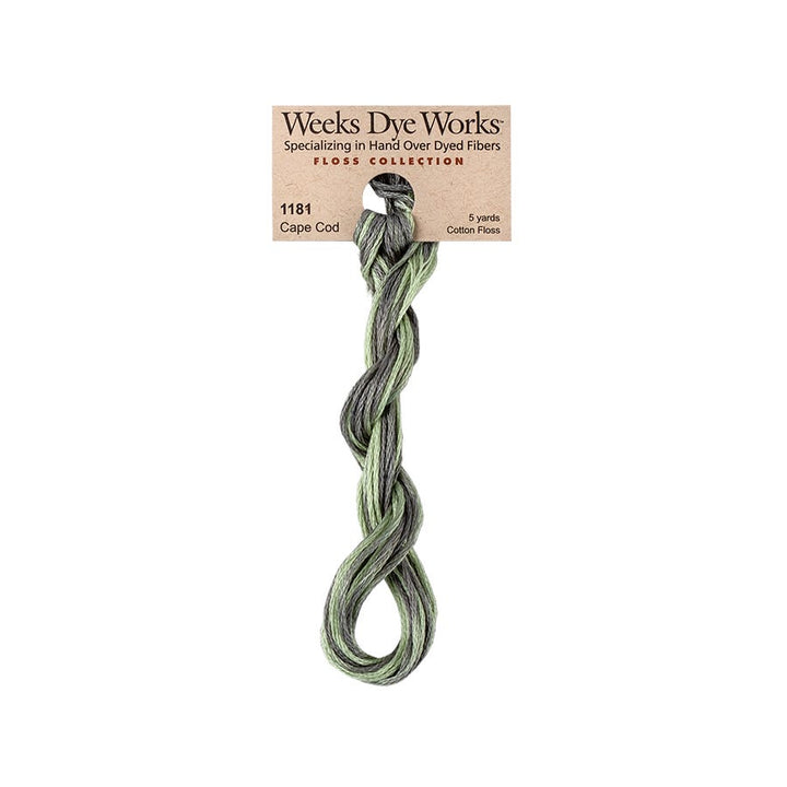 Weeks Dye Works hand-dyed cotton embroidery floss skein in cape cod 1181, medium to light green and medium gray variegation