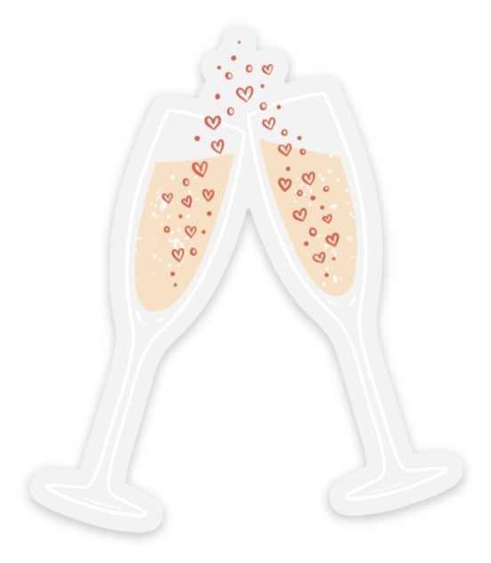 A sticker design of two clear champagne glasses with heart patterns inside them.