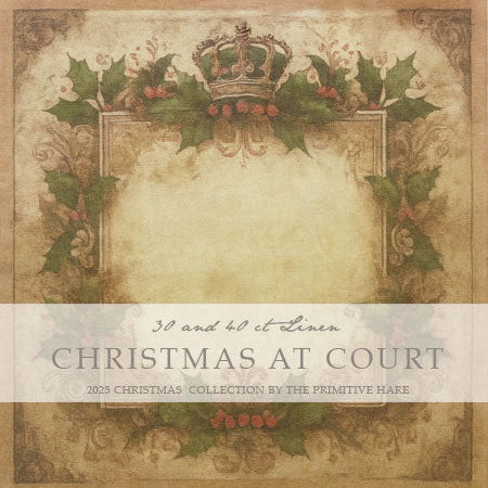 Decorative Christmas-themed fabric with holly leaves and a crown, featuring text 'Christmas at Court'.