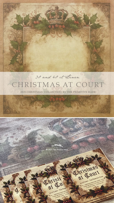 Decorative Christmas-themed paper with holly leaves and a crown, featuring text 'Christmas at Court'.