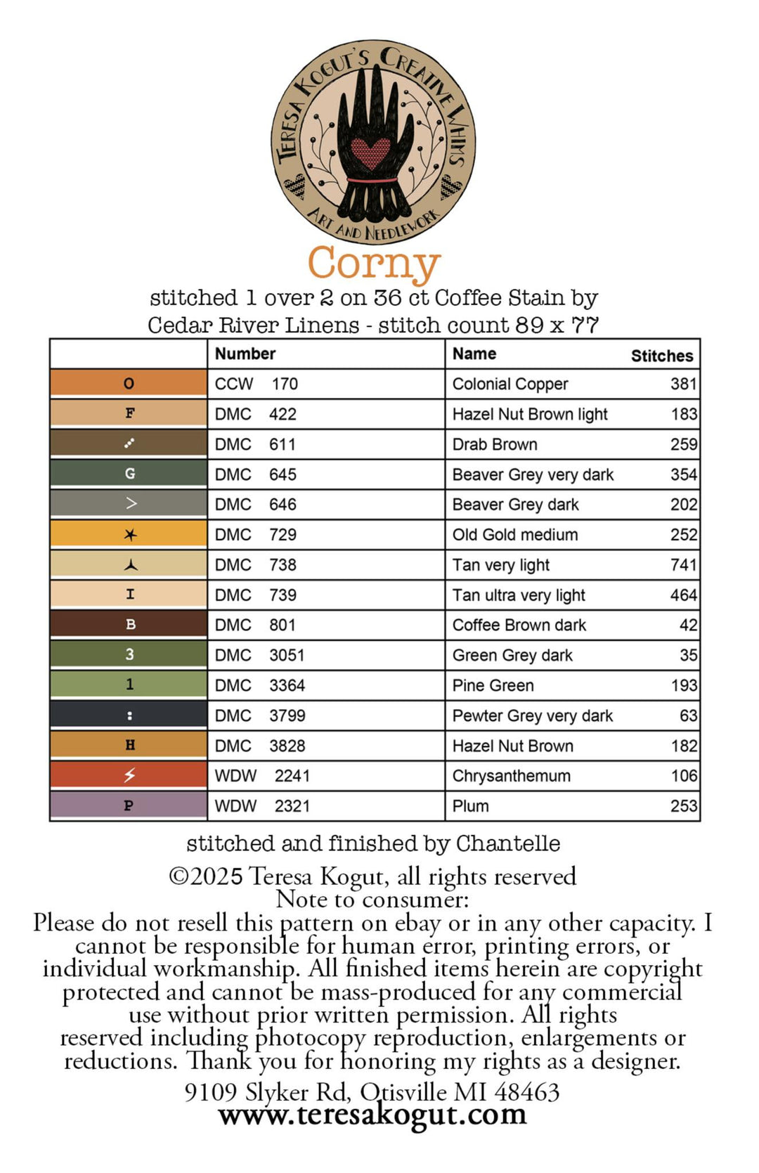 A flat digital preview of a sewing pattern cover for 'Corny' by Terasak Kogut, showing a color-coded table of thread samples, stitch counts, and company details on a white background.