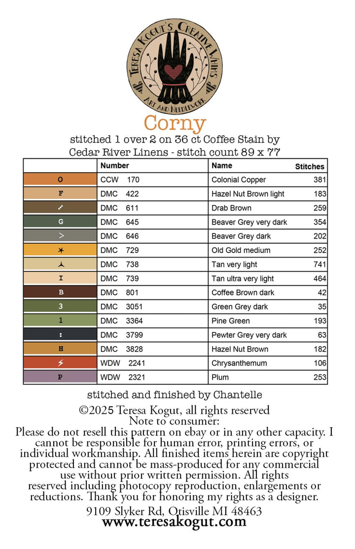 A flat digital preview of a sewing pattern cover for 'Corny' by Terasak Kogut, showing a color-coded table of thread samples, stitch counts, and company details on a white background.