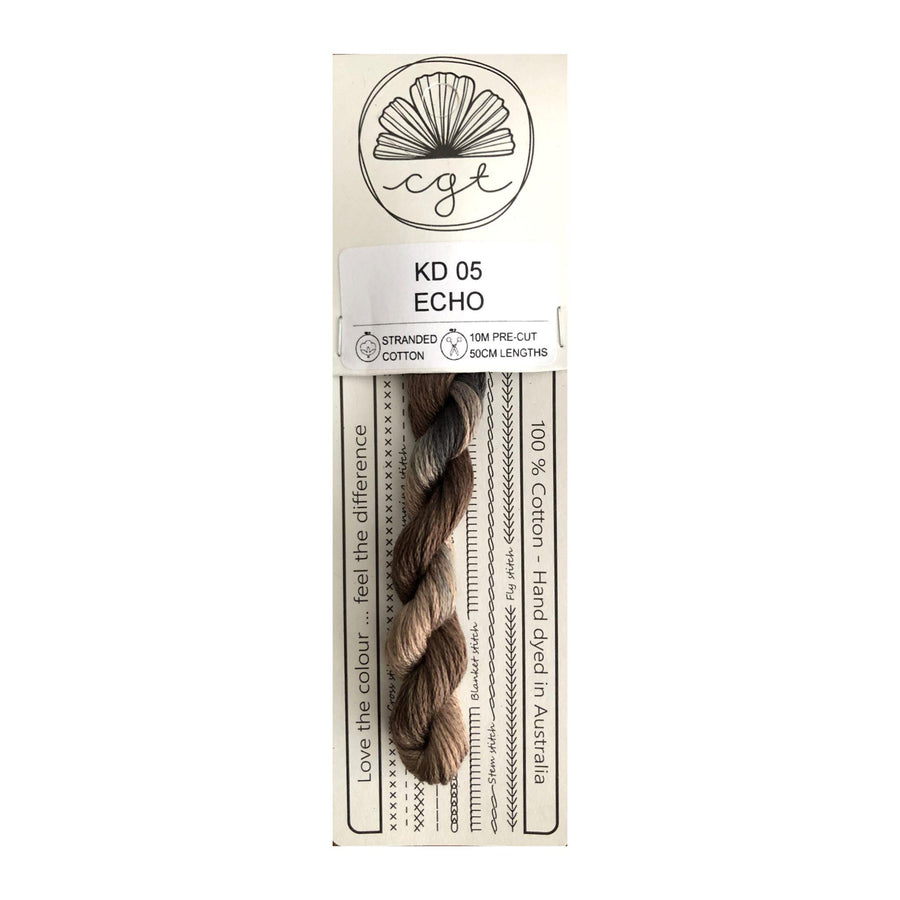 Packaged brown thread with a label on a white background