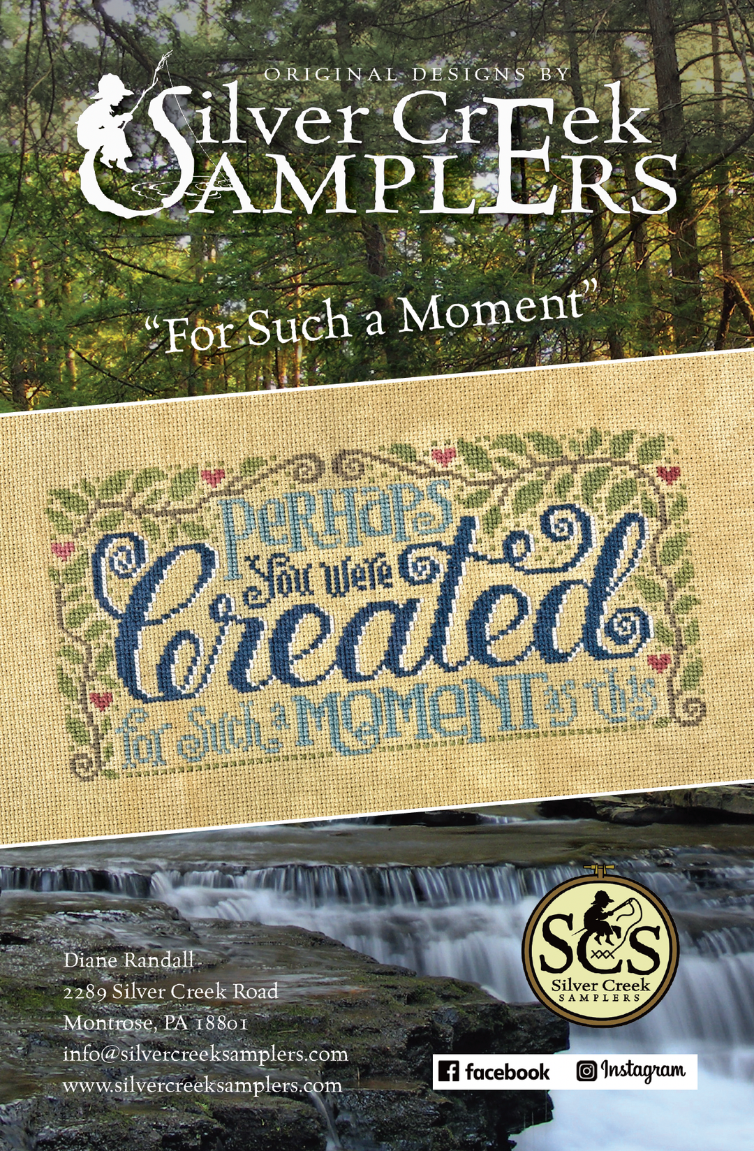 Advertisement for Silver Creek Samplers with cross-stitch design and nature background