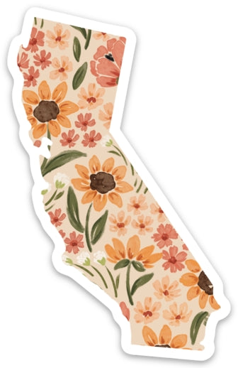 A sticker in the shape of the state of California adorned with a floral pattern in orange, yellow, and pink colors.
