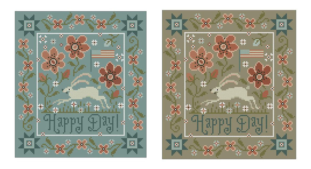 Two floral designs with a rabbit and 'Happy Day!' text on a teal and beige background.