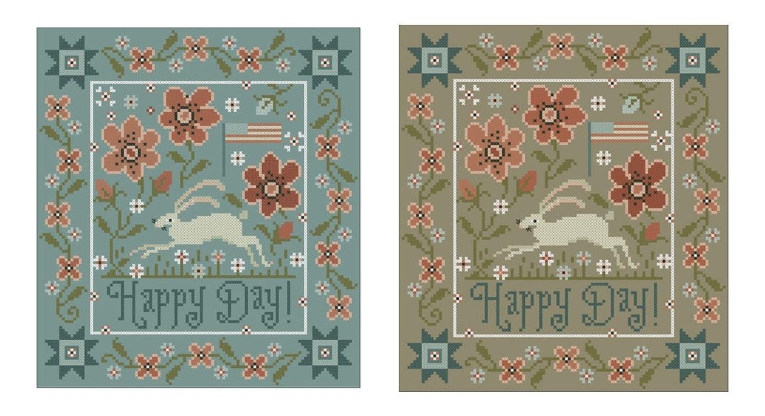 Two floral designs with a rabbit and 'Happy Day!' text on a teal and beige background.