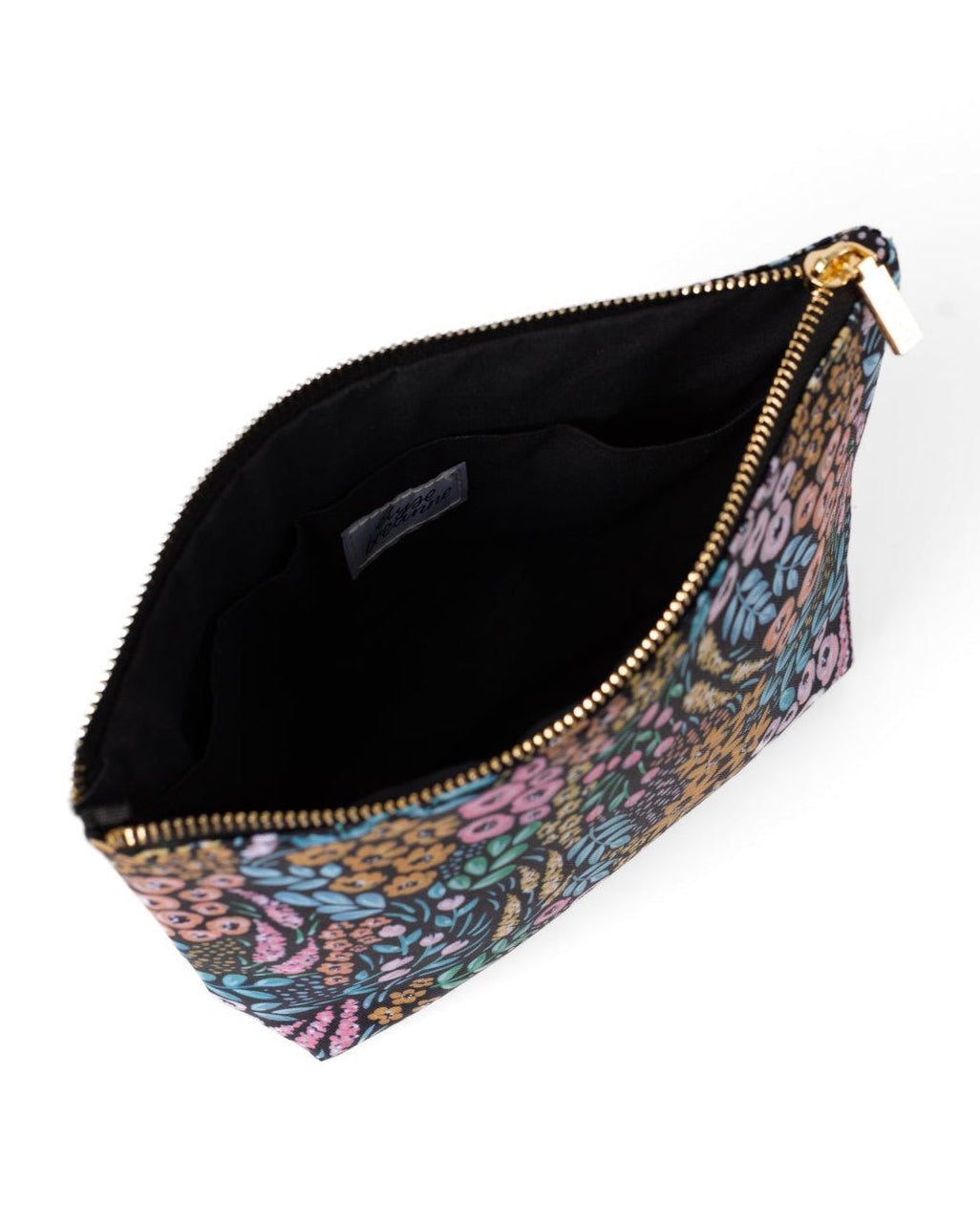 Floral patterned pouch with a zipper on a white background