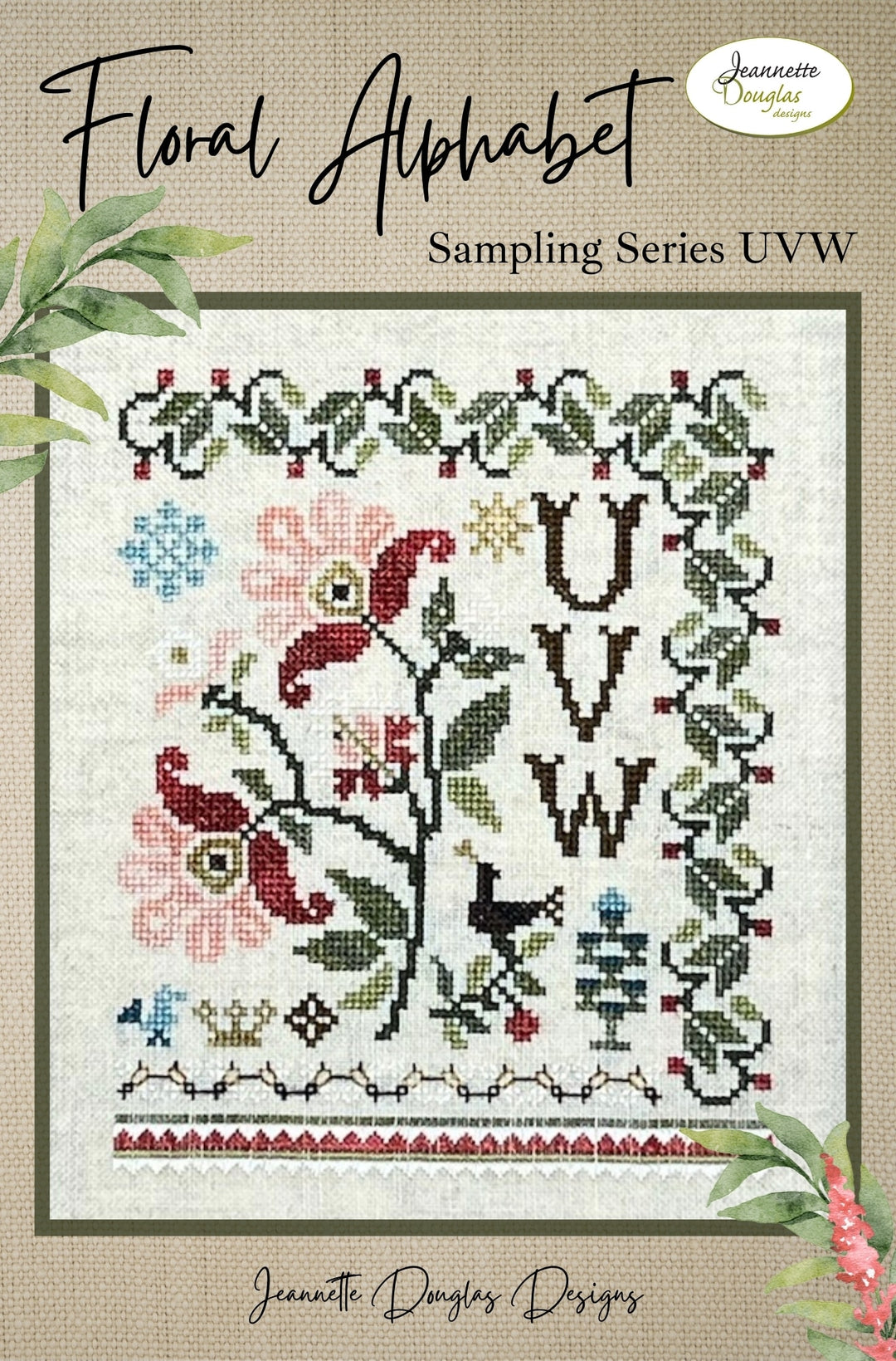 Floral alphabet sampler with rooster design on a beige background, featuring Jeannette Douglas Designs branding.