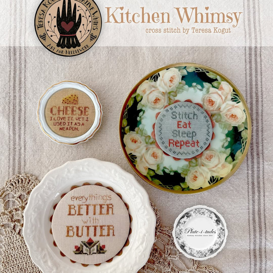 Collection of cross-stitched plates with various sayings on a textured fabric background