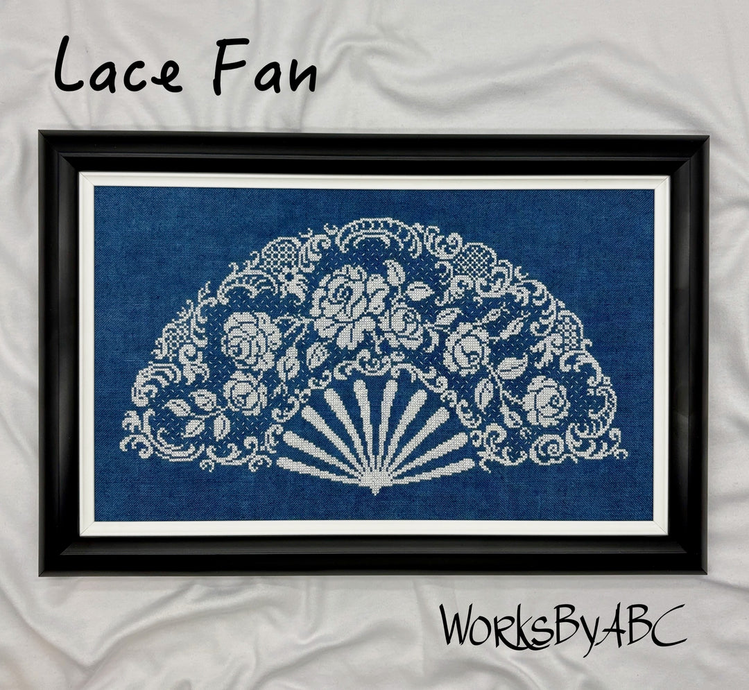 Framed lace fan design on a blue background with 'WorksByABC' branding.