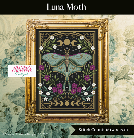 Luna Moth cross-stitch pattern by Shannon Christine Designs with a gold frame on a decorative background.