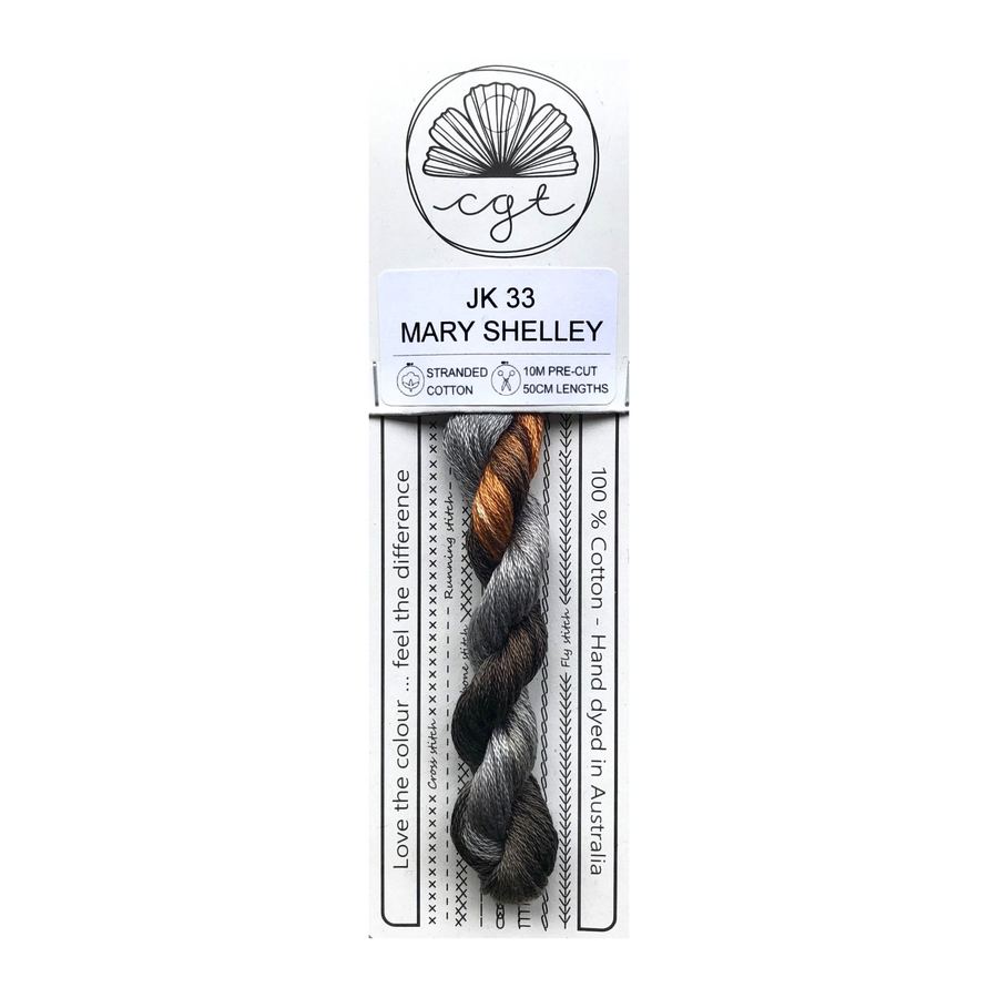 Packaged grey and brown thread with brand logo and product details on a white background