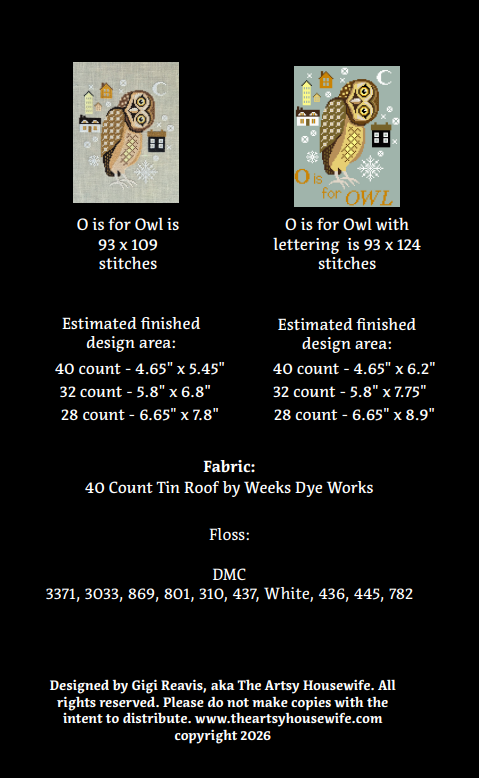 A black information card for a quilting fabric design featuring two small preview images of an owl-themed quilt pattern, stitch counts, finished design areas, fabric type and count, Floss brand, and designer copyright text.