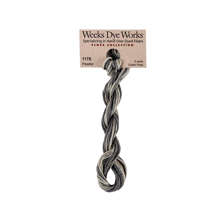 Weeks Dye Works hand-dyed cotton embroidery floss skein in pewter a variegated gray thread